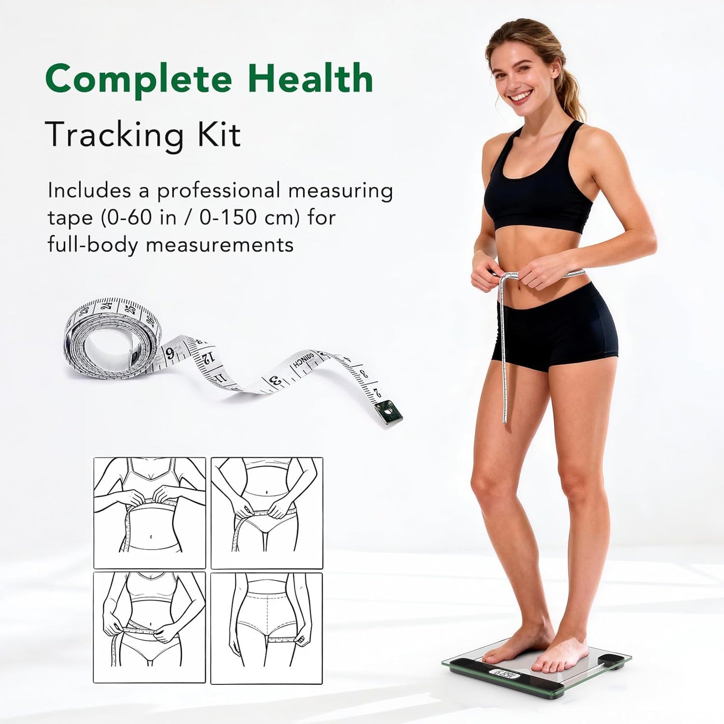 Digital Bathroom Scale by  - 400Lb Capacity Accurate Body Weight Weighing Scale with Professional Grade, Step-On Technology, Tempered Glass, LCD Display, Measuring Tape Included