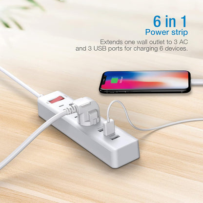 Power Strip 3 Outlets with 3 Fast Charging USB Ports, 5Ft Extension Cord with USB Ports (5V/2.4AX3) for Indoor,1625W/13A (1 PCS)