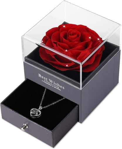 Mothers Day Flower Gifts for Her, Preserved Real Flower Rose with Silver-Tone Heart Necklace I Love You in 100 Languages Gift Set, Enchanted Flower Rose Gifts, Red Crystal