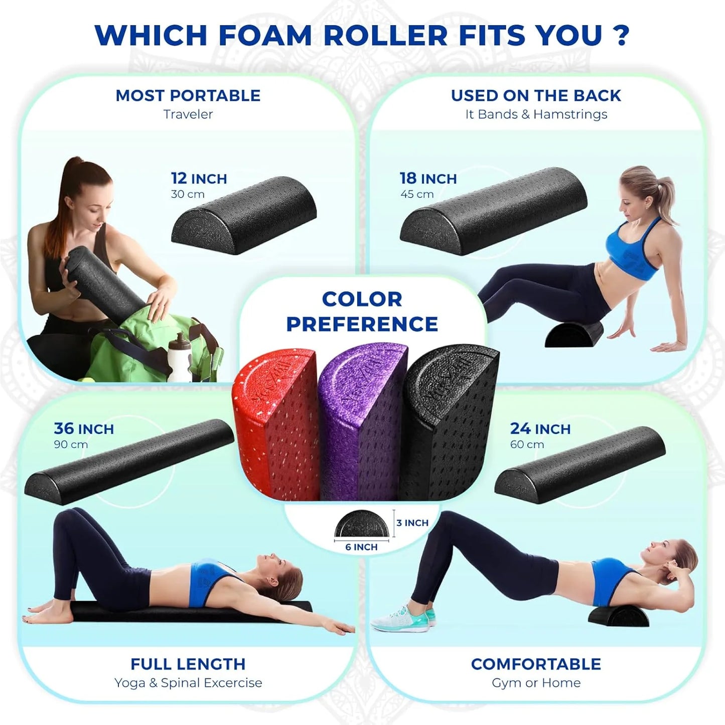 High-Density EPP Half round Back Roller Foam, Exercise Foam Roller for Yoga, Pilates & Stretching
