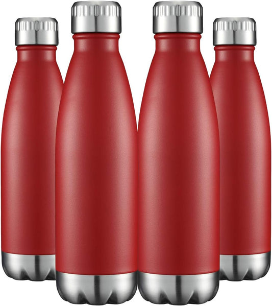 17Oz Stainless Steel Water Bottles Bulk, Vacuum Insulated Double Walled Powder Coated Reusable Metal Sports Water Bottles Keep Drinks Hot and Cold, Red, 4Packs