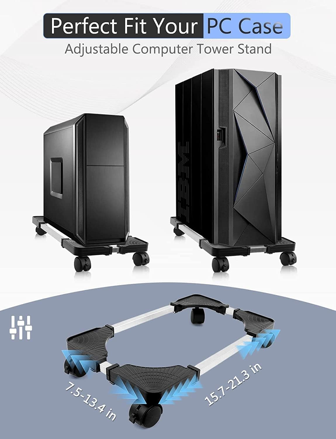 Computer Tower Stand, PC Stand, Adjustable Mobile CPU Stand with Rolling Wheels, PC Tower Stand for Floor Carpet Gaming PC Case, PC Riser for Gamers and Students