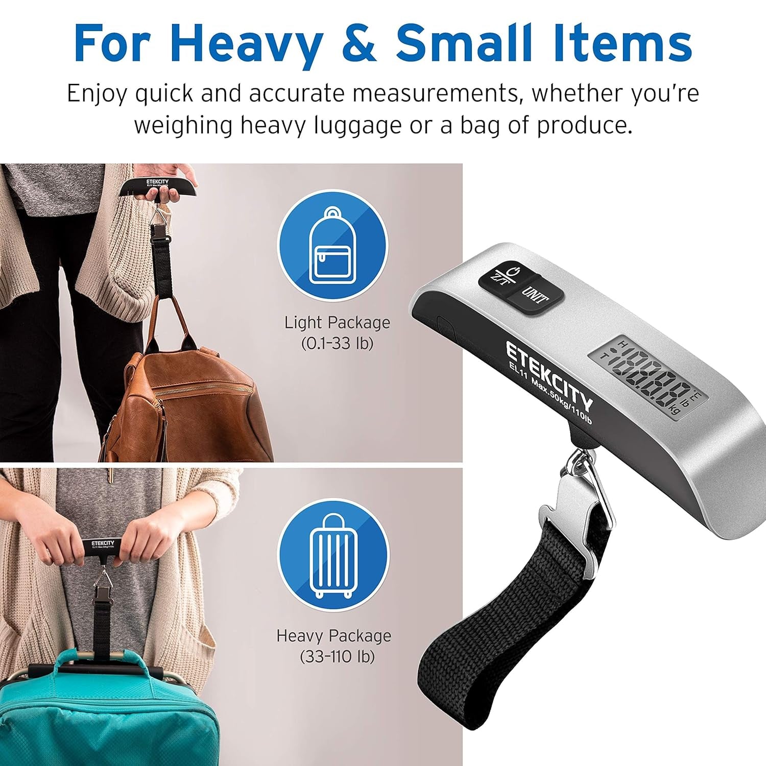 Luggage Scale, Travel Essentials, Digital Suitcase Weight Scales for Travel Accessories, Hanging Baggage Scale with Hook, 110 Pounds, Battery Included, Silver