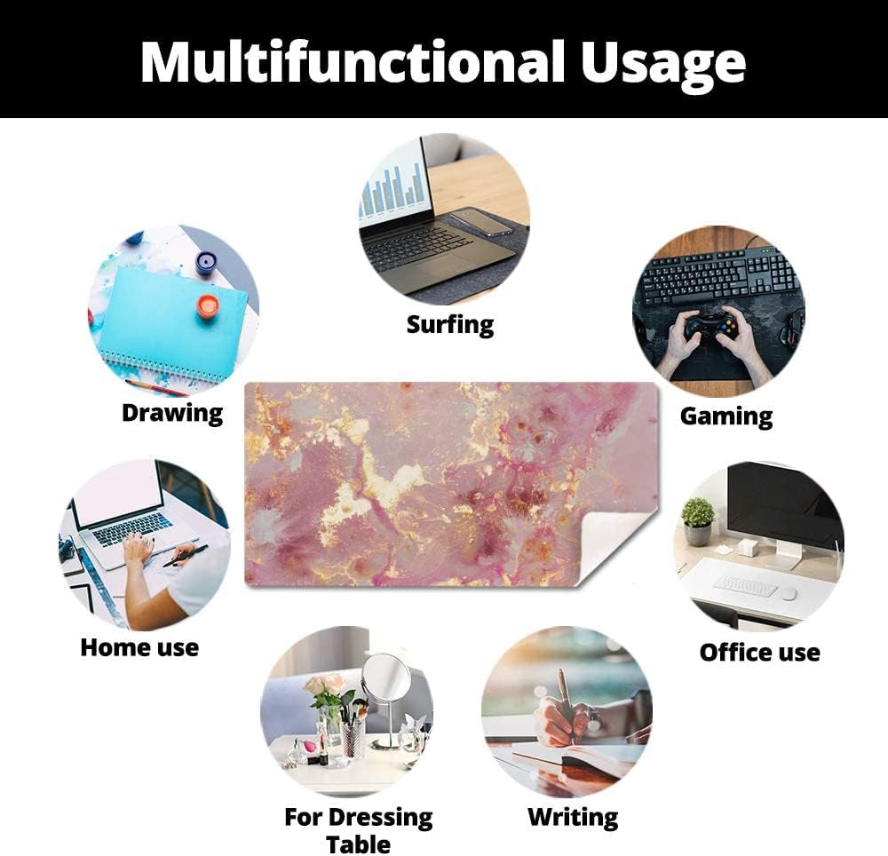 Large Mouse Pad, Cute Pink Desk Mat for Desktop, Women Girls PU Leather Desk Pad Waterproof Gaming Mousepad, Rose Gold Marble Computer Protector Writing Pad for School Office Home 31.5" X 15.7"
