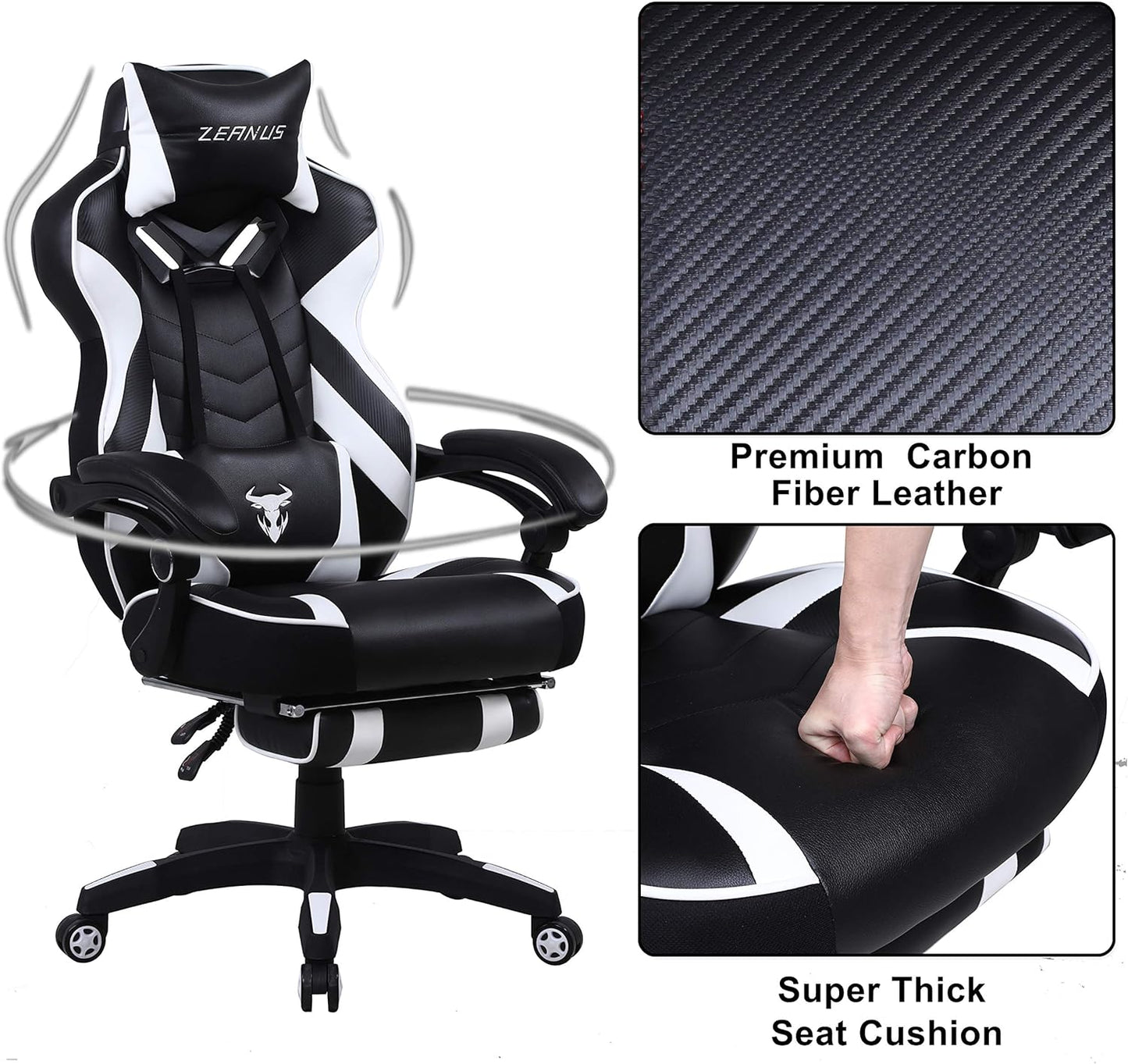 Ergonomic Gaming Chair with Footrest Recliner and Massage - High Back Office Gamer Chair for Adults - Big and Tall - White/Black