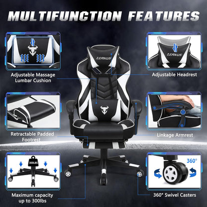 Ergonomic Gaming Chair with Footrest Recliner and Massage - High Back Office Gamer Chair for Adults - Big and Tall - White/Black