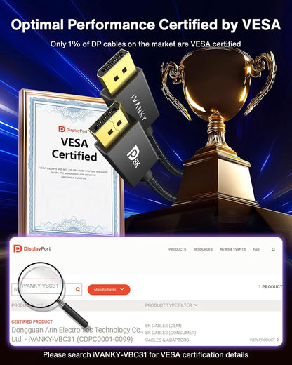 8K Displayport Cable 1.4, VESA Certified DP Cable 6.6Ft (8K@60Hz, 4K@144Hz, 2K@240Hz)Hbr3 Support 32.4Gbps, HDR, HDCP 2.2, Freesync G-Sync, Braided Display Port for Gaming Monitor, Graphics, PC