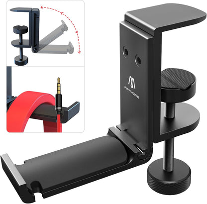 Headphone Stand Hook for Desk, Foldable under Table Headset Holder with Built-In Cable Clip Organizer, Clamp Hanger Mount for PC Gaming, Office, Backpack, Bag, Purse Hanging