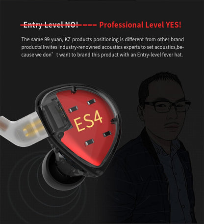 KZ ES4 Wired in Ear Headphones, High Resolution IEM Noise Cancelling KZ Earbuds Ergonomic Comfortable Gaming Earbuds Hifi Bass in Ear Monitor with 1Ba 1Dd 2Pin Tangle Free Cable (Black with Mic)