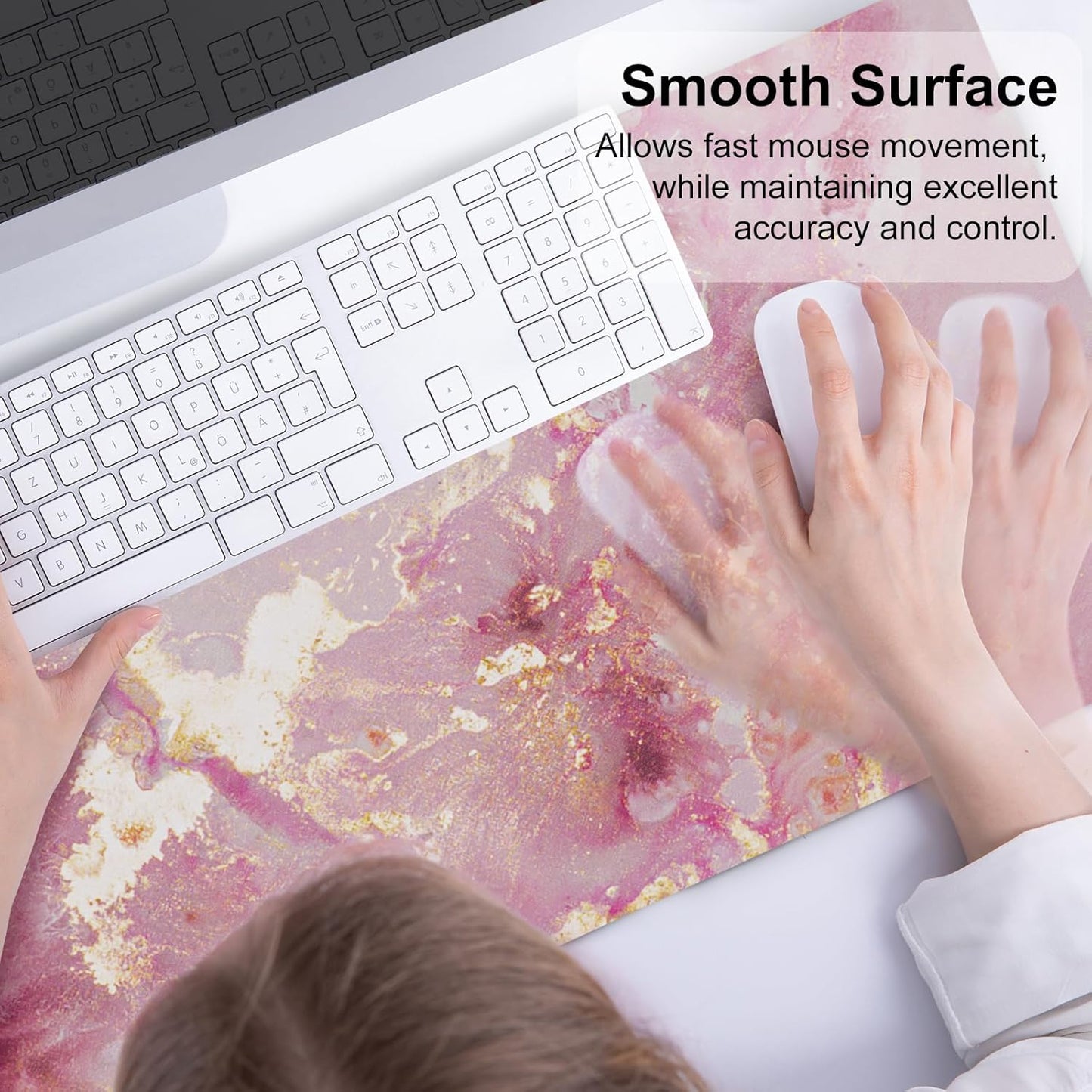 Large Mouse Pad, Cute Pink Desk Mat for Desktop, Women Girls PU Leather Desk Pad Waterproof Gaming Mousepad, Rose Gold Marble Computer Protector Writing Pad for School Office Home 31.5" X 15.7"