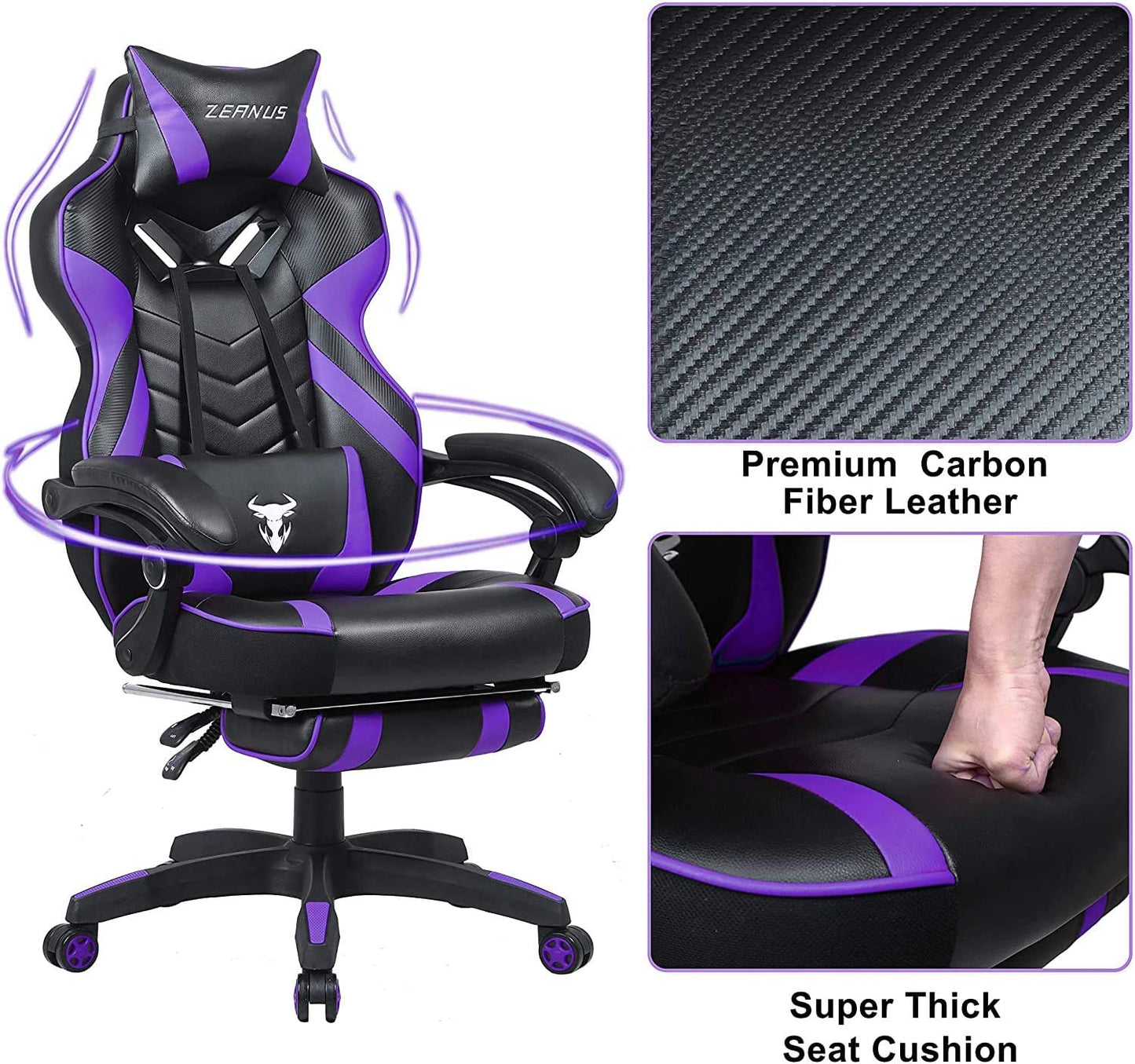 Purple Reclining Computer Chair with Footrest, High Back Gamer Chair with Massage, Large Racing Style Desk Chair for Gaming, Big and Tall Gaming Chairs for Adults