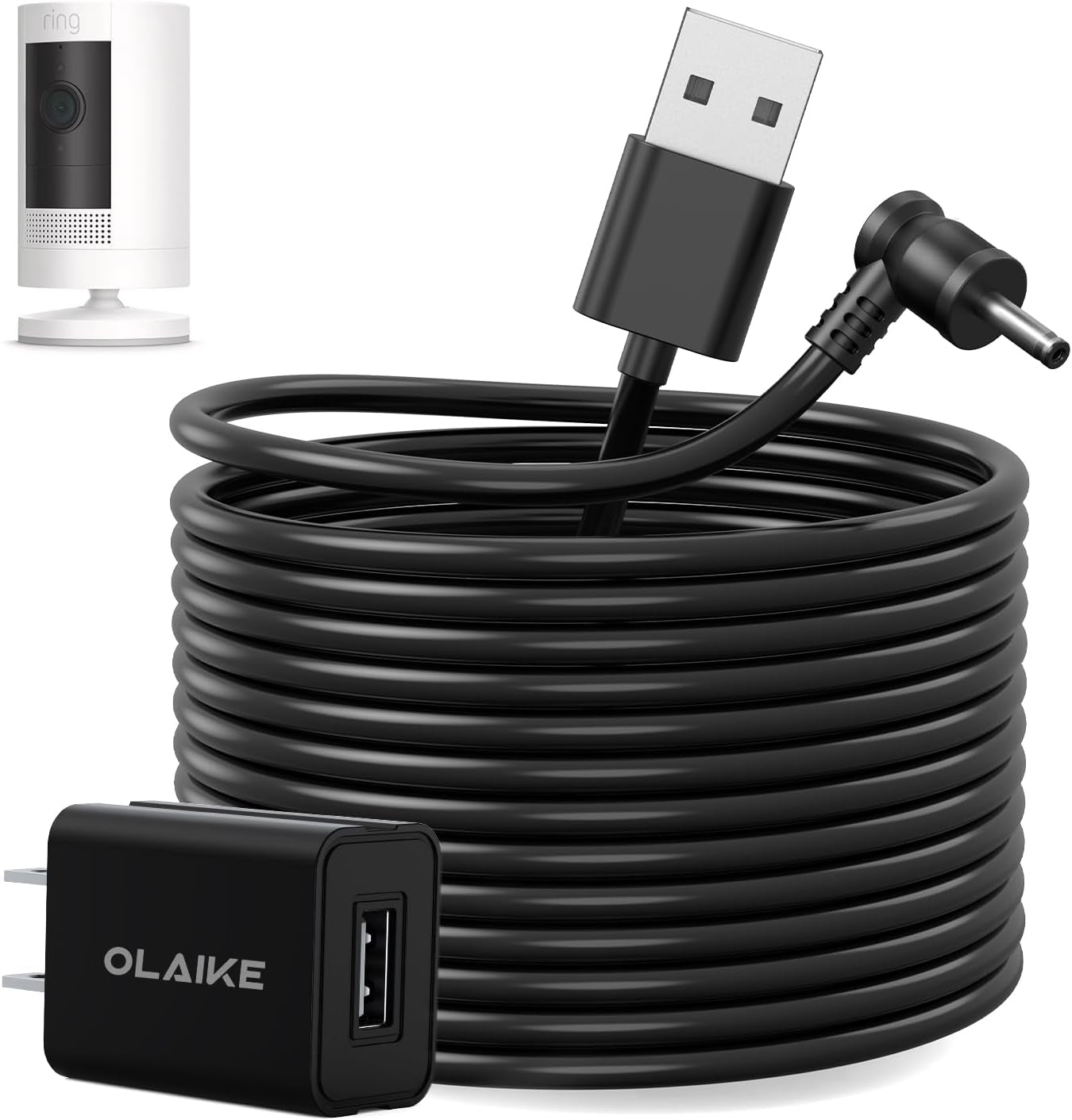 8M/26Ft Charge Cable with DC Power Adapter Compatible with Ring Stick up Cam Battery 3Rd Gen/2Nd Gen/Plug-In, Weatherproof Cable to Continuously Charge Your Camera, Black