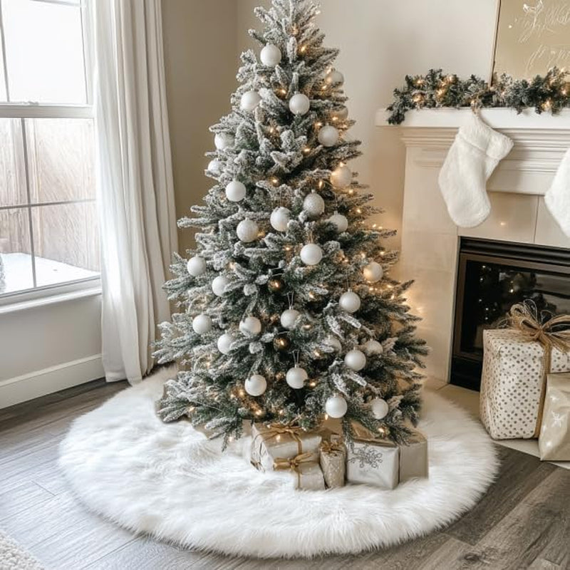 48 Inch White Faux Fur Christmas Tree Skirt, Luxury Plush Tree Base Cover for Holiday Party and Home Christmas Decor