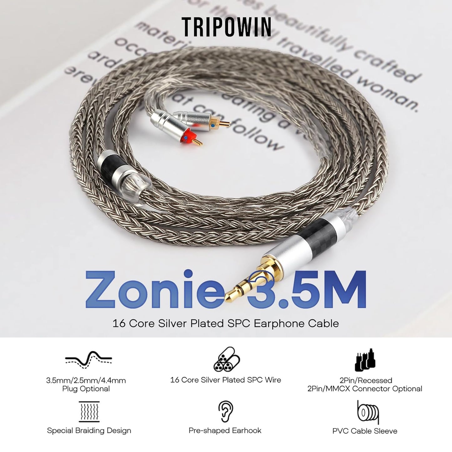 Zonie IEM Cable, 16 Core Silver Plated Earphone Upgraded Cords, 1.25M SPC in Ear Monitor Cable for 7Hz Zero:2 Orchestra Lite Cadenza Hype4 Supermix4(2Pin 0.78Mm, 3.5Mm)(Grey)
