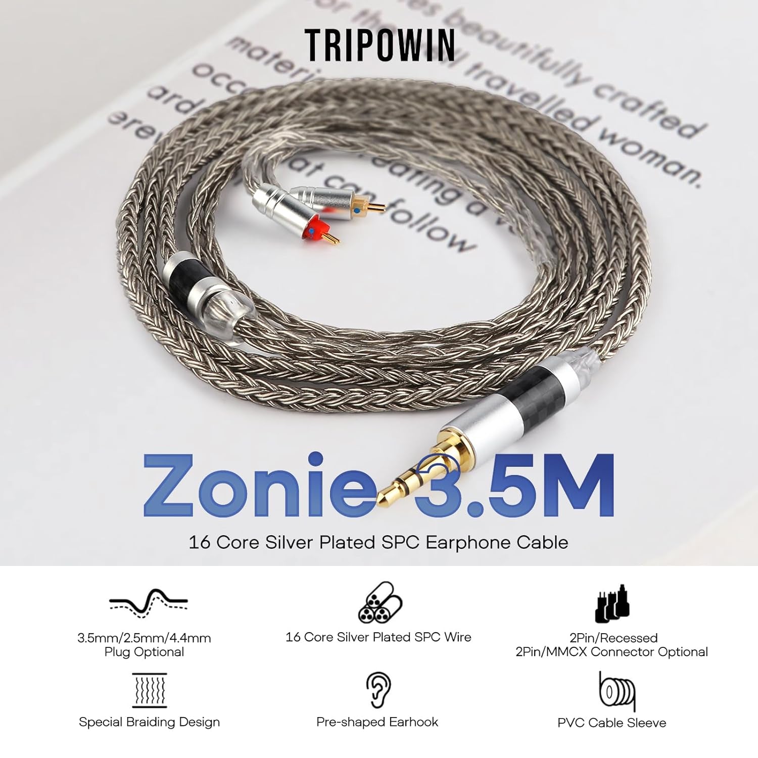 Zonie IEM Cable, 16 Core Silver Plated Earphone Upgraded Cords, 1.25M SPC in Ear Monitor Cable for 7Hz Zero:2 Orchestra Lite Cadenza Hype4 Supermix4(2Pin 0.78Mm, 3.5Mm)(Grey)