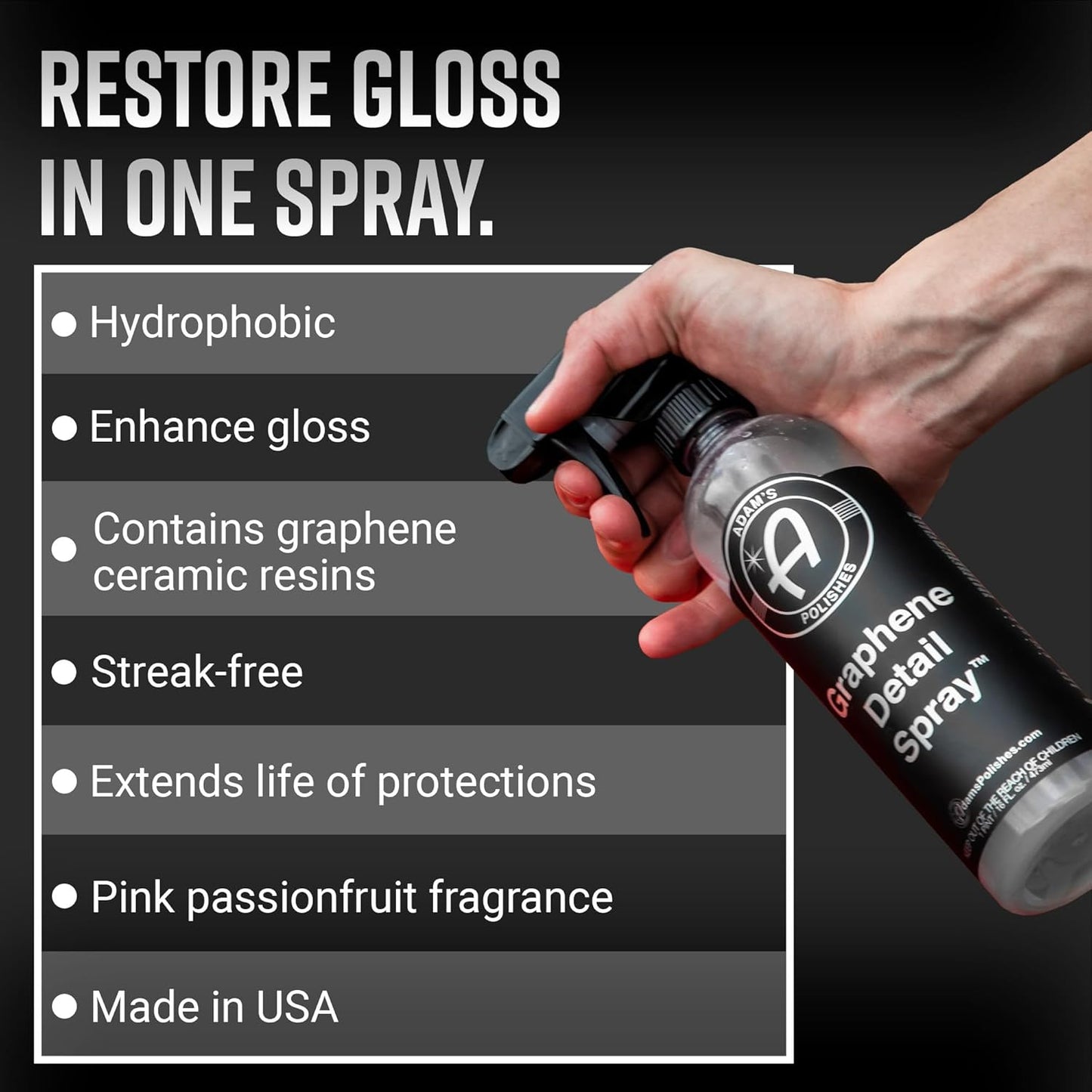 Graphene Detail Spray (16 Fl Oz) - Extend Protection of Waxes, Sealants, & Coatings | Waterless Detailer for Car Detailing | Clay Bar, Drying Aid, Add Ceramic Graphene Protection
