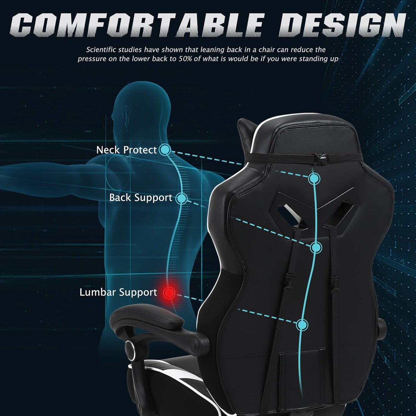 Ergonomic Gaming Chair with Footrest Recliner and Massage - High Back Office Gamer Chair for Adults - Big and Tall - White/Black