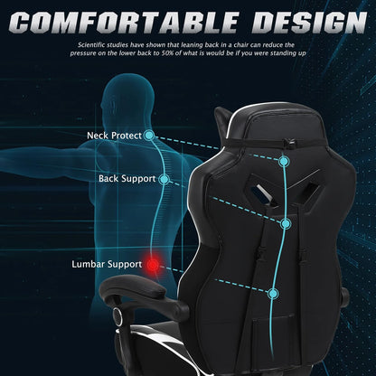 Ergonomic Gaming Chair with Footrest Recliner and Massage - High Back Office Gamer Chair for Adults - Big and Tall - White/Black