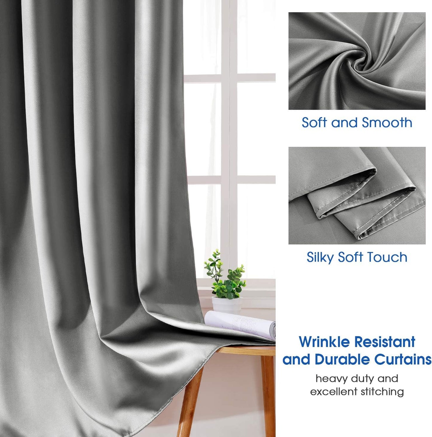 2 Panels Silver Grey Faux Silk Blackout Luxury Curtains, 52 X 96 Inch Room Darkening Satin Thermal Insulated Window Drapes for Bedroom Decor, Indoor