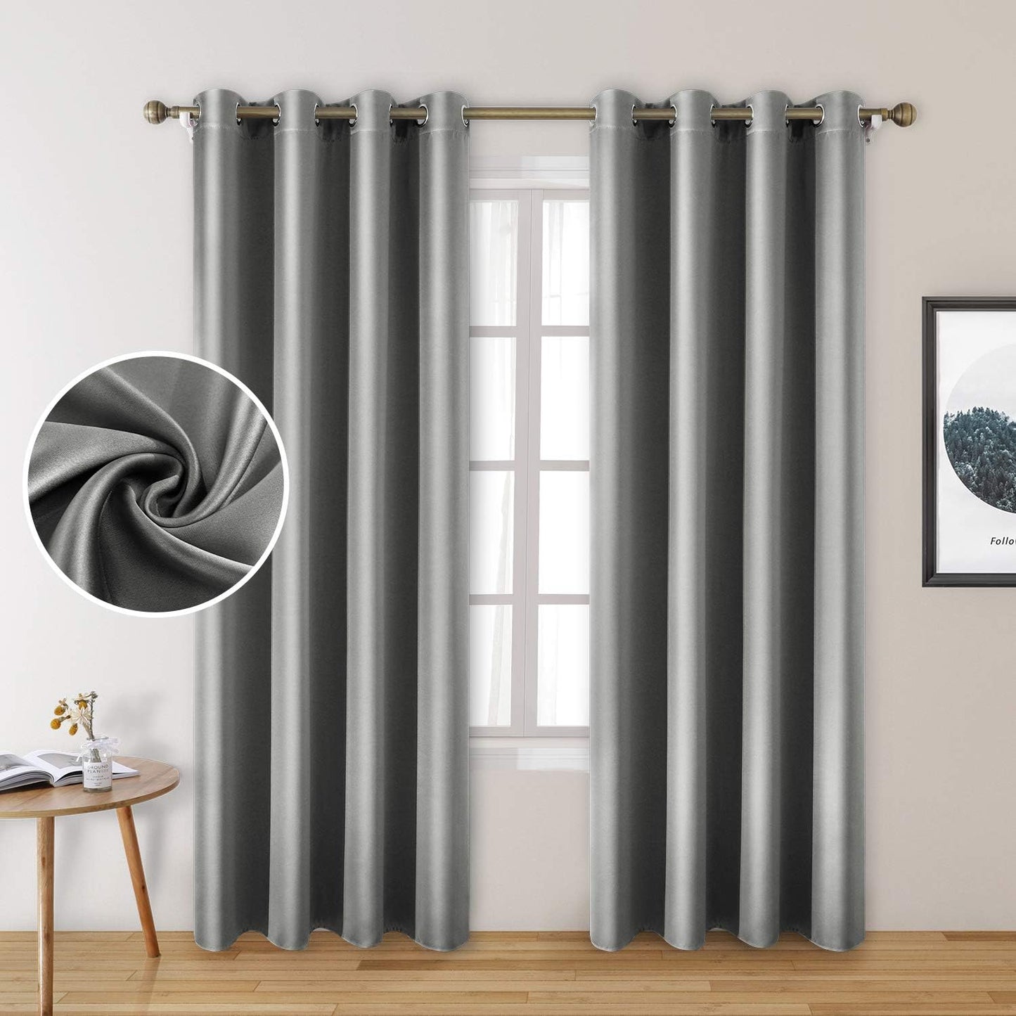 2 Panels Silver Grey Faux Silk Blackout Luxury Curtains, 52 X 96 Inch Room Darkening Satin Thermal Insulated Window Drapes for Bedroom Decor, Indoor