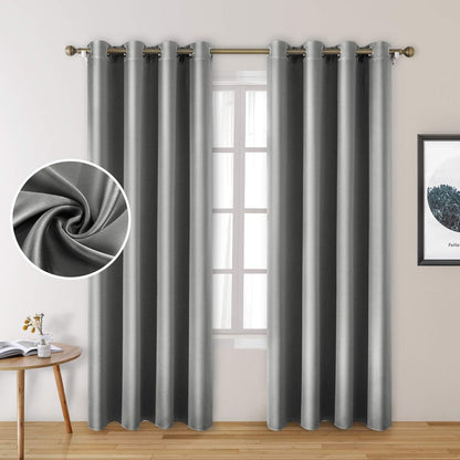 2 Panels Silver Grey Faux Silk Blackout Luxury Curtains, 52 X 96 Inch Room Darkening Satin Thermal Insulated Window Drapes for Bedroom Decor, Indoor