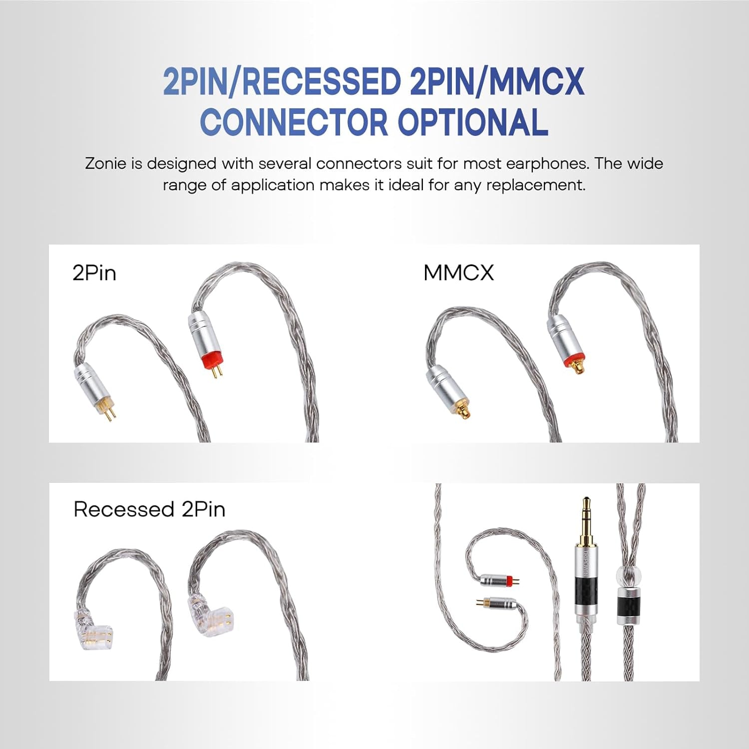 Zonie IEM Cable, 16 Core Silver Plated Earphone Upgraded Cords, 1.25M SPC in Ear Monitor Cable for 7Hz Zero:2 Orchestra Lite Cadenza Hype4 Supermix4(2Pin 0.78Mm, 3.5Mm)(Grey)