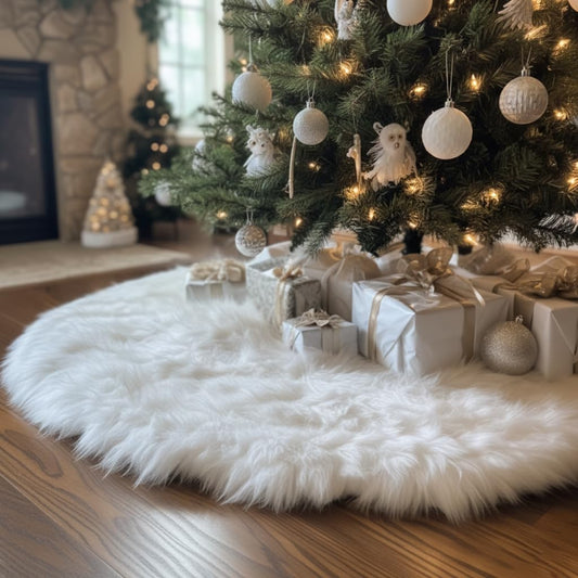 48 Inch White Faux Fur Christmas Tree Skirt, Luxury Plush Tree Base Cover for Holiday Party and Home Christmas Decor