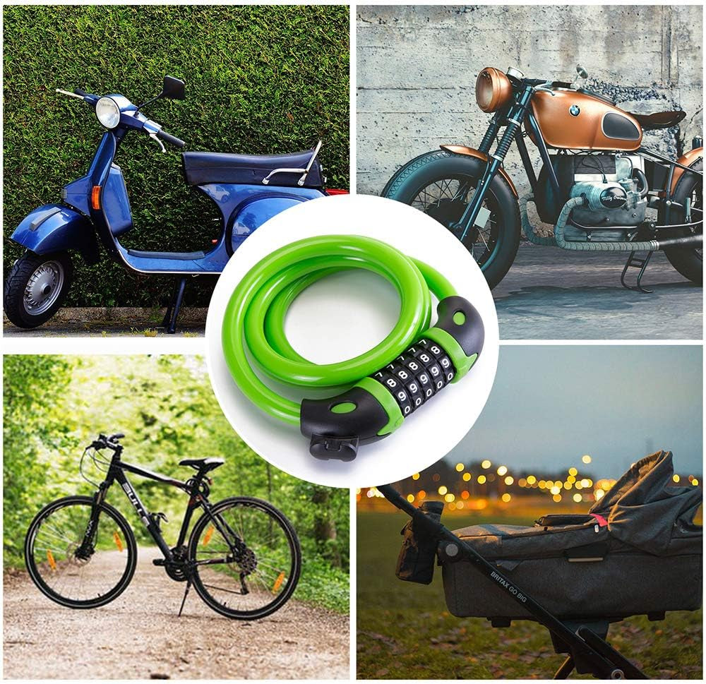 Bike Lock Bicycle Lock Chain ，5-Digit Combination Lock Core Steel Wire Bike Lock Security&Portable Bicycle Locks,1.1M X 1/2 Inch (Green)