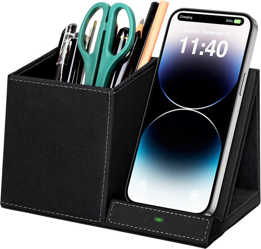 Pen Holder with Wireless Charger, Compatible with Iphone 17/16/15/14/13/12/11/8 Series, Pencil Holder Phone Stand for Desk Home Office, Men Gift Husband Wife Anniversary Dad Birthday Idea Gadget