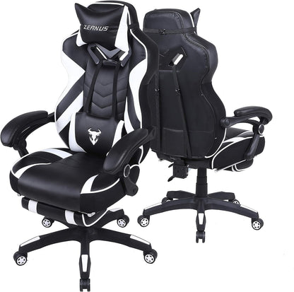 Ergonomic Gaming Chair with Footrest Recliner and Massage - High Back Office Gamer Chair for Adults - Big and Tall - White/Black