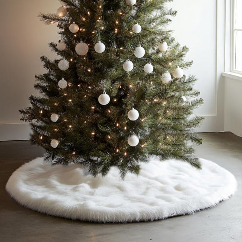 48 Inch White Faux Fur Christmas Tree Skirt, Luxury Plush Tree Base Cover for Holiday Party and Home Christmas Decor