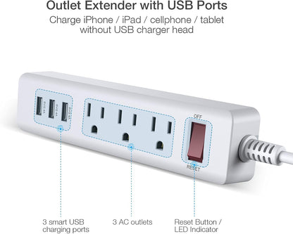 Power Strip 3 Outlets with 3 Fast Charging USB Ports, 5Ft Extension Cord with USB Ports (5V/2.4AX3) for Indoor,1625W/13A (1 PCS)