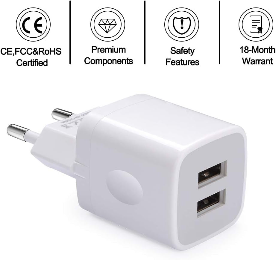 European Wall Charger,  2-Pack USB 2.1AMP Universal Europe Charger Block Dual Port Plug Compatible for Iphone 17 16 15 14 13 12 11 Pro Max XS XR X SE 8 7 6 Plus,Samsung S25 S24 A17,Note,Lg,Moto