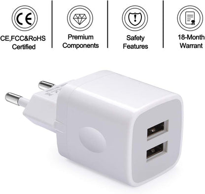 European Wall Charger,  2-Pack USB 2.1AMP Universal Europe Charger Block Dual Port Plug Compatible for Iphone 17 16 15 14 13 12 11 Pro Max XS XR X SE 8 7 6 Plus,Samsung S25 S24 A17,Note,Lg,Moto