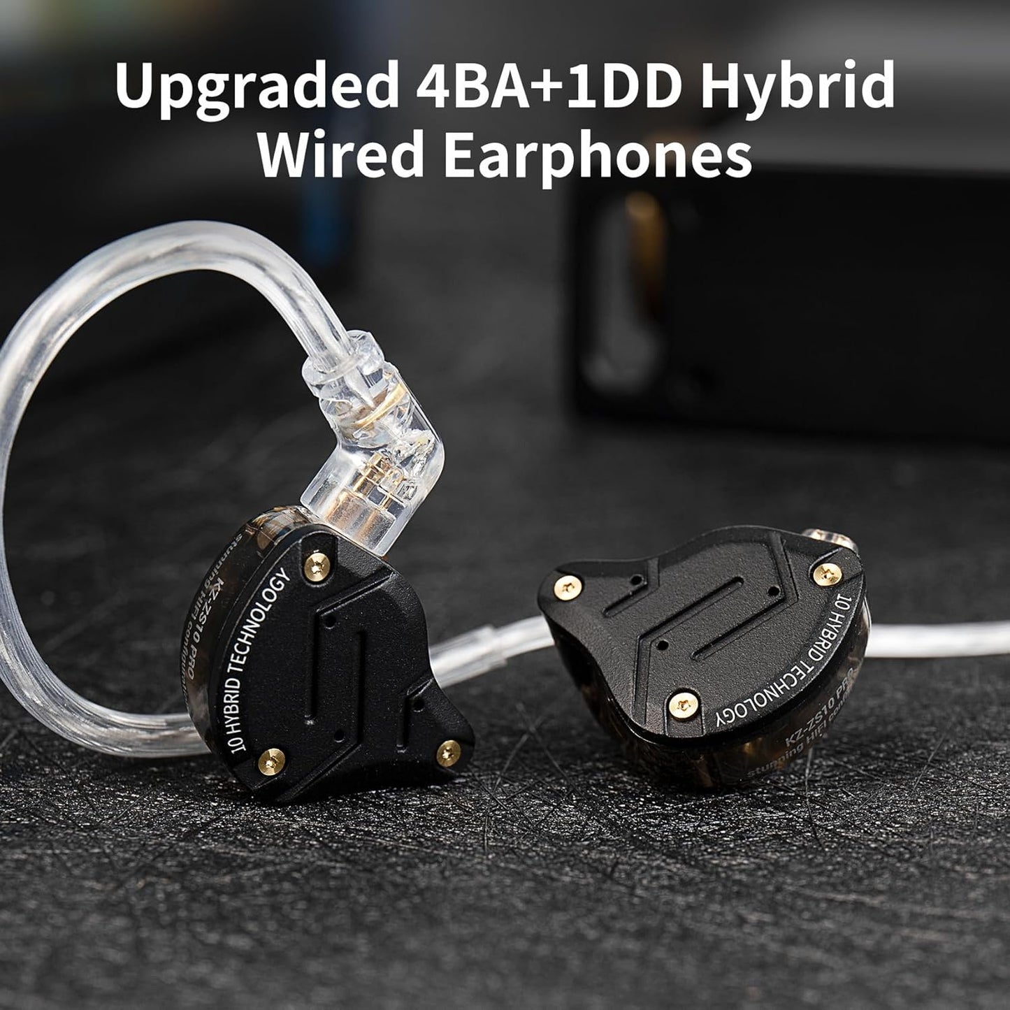 KZ ZS10 Pro in Ear Monitor, IEM Earbuds Headphone, Gaming Earbuds with 4BA and 1DD Drivers, KZ Hifi IEM Earphone Upgraded ZS10 with Detachable 0.75Mm 2 Pin 6N OFC Cable (Black No Mic)