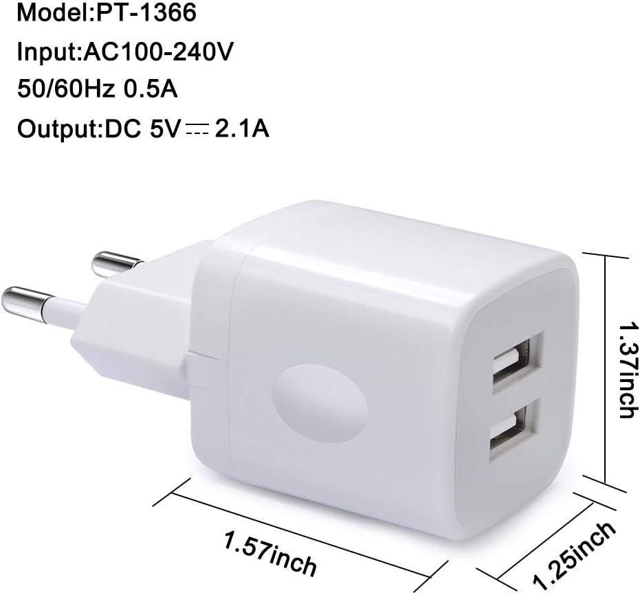 European Wall Charger,  2-Pack USB 2.1AMP Universal Europe Charger Block Dual Port Plug Compatible for Iphone 17 16 15 14 13 12 11 Pro Max XS XR X SE 8 7 6 Plus,Samsung S25 S24 A17,Note,Lg,Moto